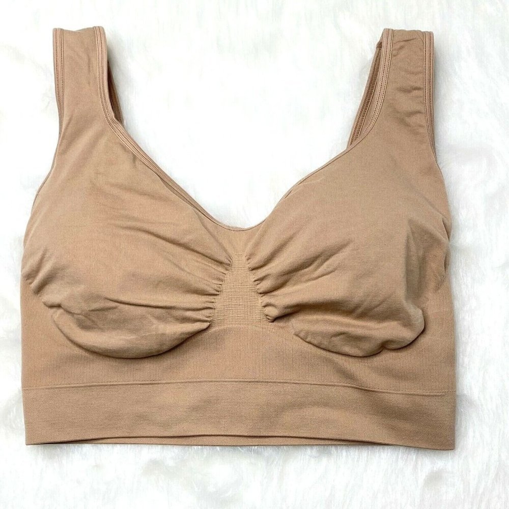 Rhonda Shear Sports Bra size Large Removable Pad Workout Yoga Seamless Fleshtone
